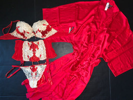Victoria&#39;s Secret 34C,36B Bra Set+Garter+Robe Red Gold Beige Very Sexy Seduction - £233.53 GBP