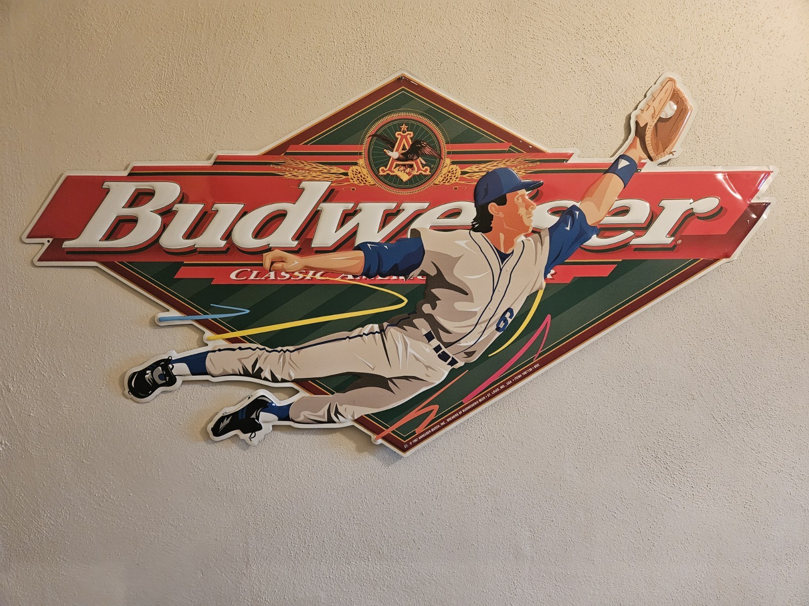 VINTAGE 1997 BUDWEISER BEER SIGN BASEBALL PLAYER TIN METAL EMBOSSED 35&quot; ... - $117.81
