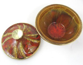 vtg Candy Bowl Lid Red Brown Gold  Drip California Pottery Lazy Susan Center mcm - £13.36 GBP