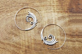 Tribal Silver Earrings, Lotus Flower Earrings, Silver Spiral Hoop Earrings - £14.43 GBP