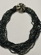 Vintage Japan 15 Strand Collar Necklace Peacock Color Bugle Beads - $18.69