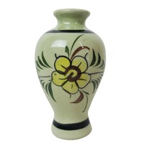 Mexican Tonala Bud Vase Floral 4.5&quot; Green Yellow Brown Small Flower Vtg Peyote - £17.04 GBP