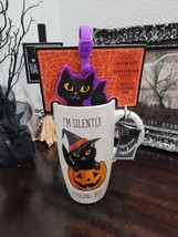 2pc Cobwebs &amp; Cauldrons Halloween Black Cat Tall Coffee Mug &amp; Luggage Ta... - $27.26