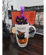 2pc Cobwebs &amp; Cauldrons Halloween Black Cat Tall Coffee Mug &amp; Luggage Ta... - £21.79 GBP