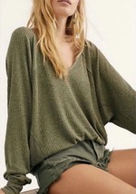 Free People Santa Clara Long Sleeve Thermal Top Ferngully Green V neck size XS - £36.63 GBP