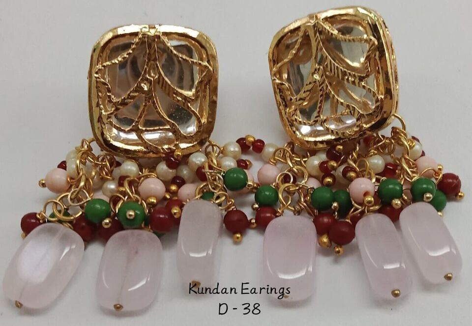 Primary image for Indian Kundan Earrings Tops Bridal Beads Meena Gift Punjabi Muslim Jewelry Set15