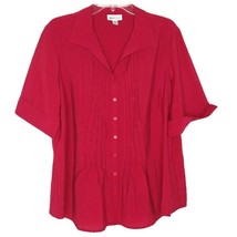 Cabin Creek Womens Size 1X Blouse Button Front 1/2 Sleeve V-Neck Pleats Red - £11.07 GBP