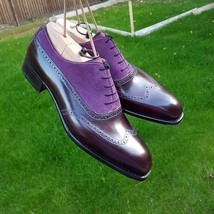 New Handmade Men Purple brown Brogue Shoes, Oxford Formal Dress Suede &amp; Leather  - £115.09 GBP