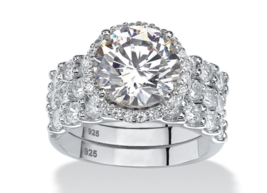 Round Cz Halo Bridal 3 Piece Ring Set Platinum Sterling Silver 6 7 8 9 10 - £319.67 GBP