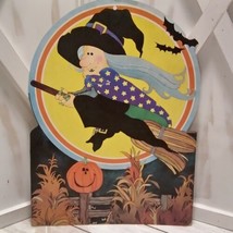 Vtg Halloween Eureka Die Cut Witch/Broom Purple Cape W/Yellow Stars Moon 12x16&quot; - £5.21 GBP