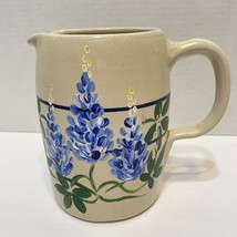VTG Yesteryears Hand Turned Stoneware Pitcher Painted Blue Bonnets 6.25&quot; - £14.50 GBP