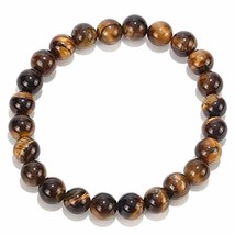 Brown Natural Tiger Eye Stone Round Beads Volcanic Lava Bracelet - £13.87 GBP
