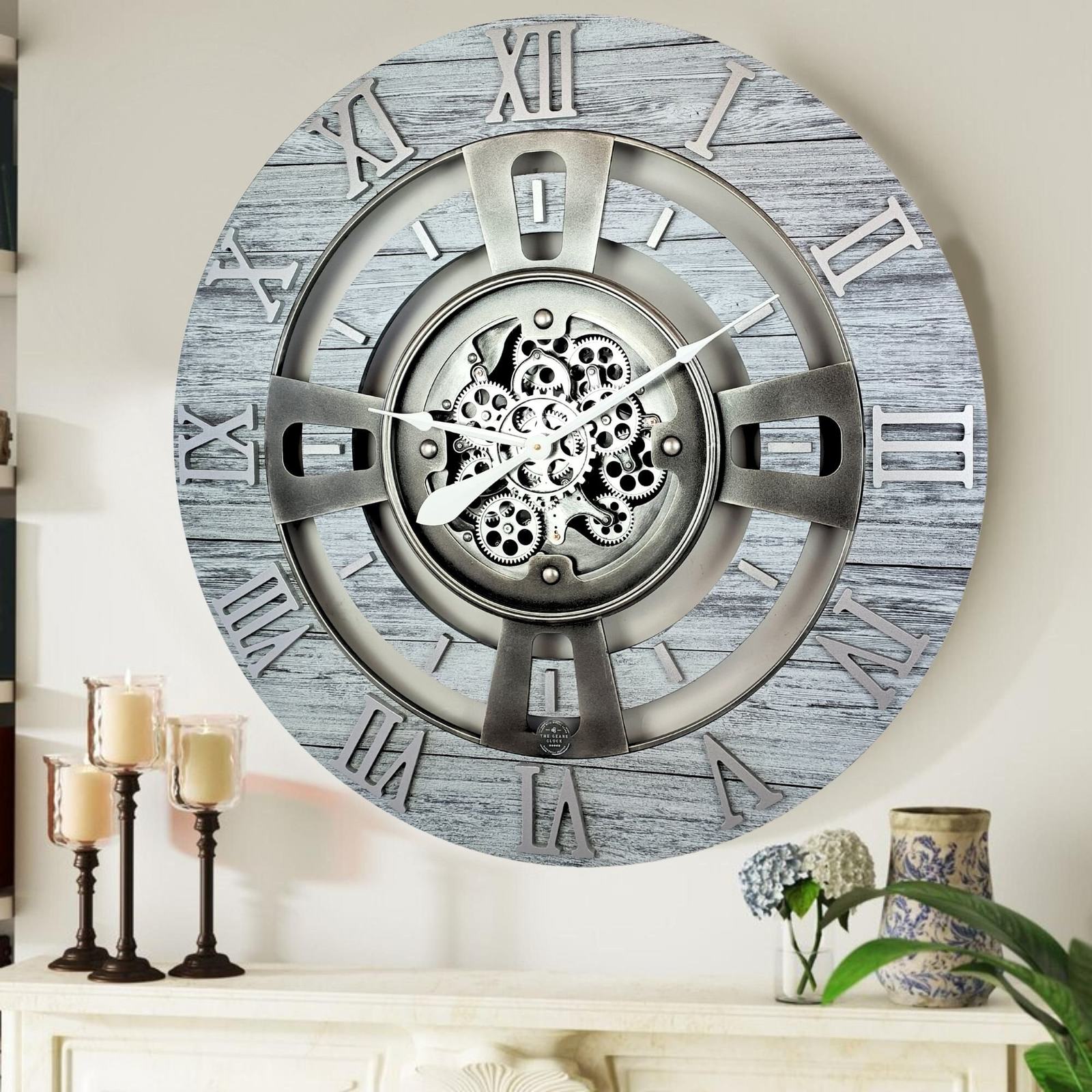 Primary image for England Line Wall clock 36 inches with real moving gears Silver Grey