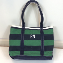 LL Bean Striped Green Navy Blue Zip Canvas Boat &amp; Tote Bag RN Key Fob Travel USA - £23.36 GBP