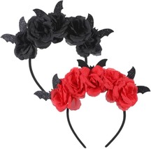 2Pcs Halloween Bat and Flower Headbands Cosplay Black Red Floral Bat Hair Hoop H - £17.57 GBP