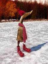 Deco Duck Wood Scarf Hat Red Autumn Winter Statue Sculpture Present Stands - $101.27