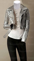 New Woman Silver Brando Silver Studded Punk Snake Cowhide Leather Jacket-49 - £432.79 GBP