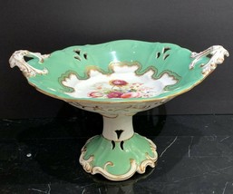 Antique English Porcelain Green Pierced Centerpiece Compote Floral &amp; Gold Design - £270.13 GBP