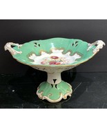 Antique English Porcelain Green Pierced Centerpiece Compote Floral &amp; Gol... - £275.84 GBP
