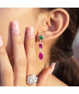 12.95 CT Silver Dangle Earring, Pink &amp; Green Lab Grown Gemstone Diamond ... - €83,25 EUR