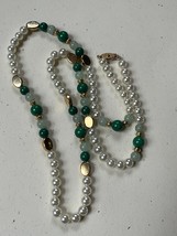 Long Faux White Pearl &amp; Green &amp; Faux Jade w Goldtone Spacer Accent Bead Necklace - £6.08 GBP