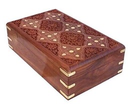 Handmade Sheesham Wooden Storage Box Hand Carved (Brass Flower Carving) Rectangu - £45.06 GBP