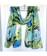 Floral Geometric Turquoise Navy Blue Silky Polyester Head Scarf 60x13in - £11.70 GBP