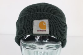 Vintage 90s Carhartt Spell Out Box Logo Knit Winter Beanie Hat Dark Green USA - £31.20 GBP