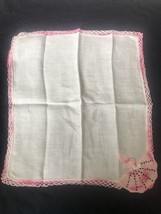 Vintage New Linen Handkerchief Crocheted Decorative Edge Lady with Dress Bonnet - £23.58 GBP