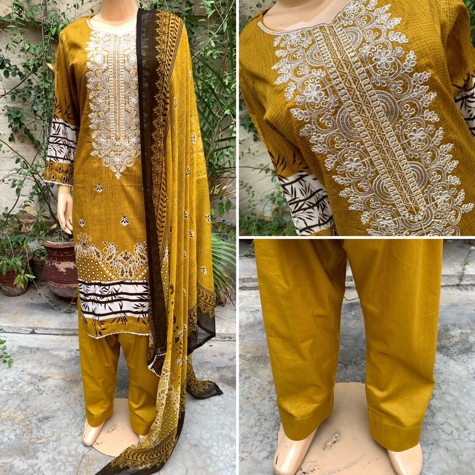 Pakistani Mustard Printed Straight Shirt 3-PCS Lawn Suit w/ Threadwork ,... - $50.64