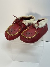 Vintage Childrens Red Leather and Fur Moccasins - £23.85 GBP