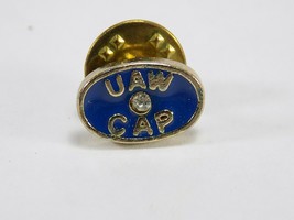UAW COMMUNITY ACTION PROGRAM LAPEL PIN TIE TACK BLUE OVAL JEWELED CENTER  - $8.90