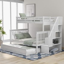 Twin Over Full Size Bunk Bed With Trundle And Stairs Storage, Solid Wood Stairwa - £784.95 GBP