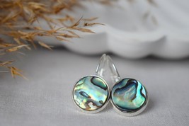 Abalone shell dangle earrings silver, Colorful mother of pearl earrings, 12mm, R - £25.20 GBP