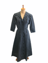 Vintage 1950s Hayette Women’s Polished Cotton Day Dress Blue Black Strip... - £63.36 GBP