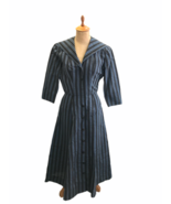 Vintage 1950s Hayette Women’s Polished Cotton Day Dress Blue Black Strip... - £61.97 GBP