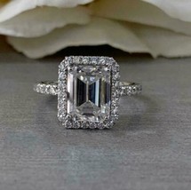 Halo Engagement Ring 2.85Ct Emerald Cut Simulated Diamond 14k White Gold Size 9 - £199.13 GBP