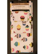 CUPCAKE theme KITCHEN LINENS SET 3-pc Drying Mat Towel Cloth Cupcakes Bl... - £11.18 GBP