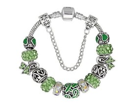 Green Ribbon Cancer Awareness European Bead Charm Silver Bracelet 19cm 7.5&quot;  - £9.48 GBP