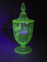 Vintage 10&quot; Uranium Depression Green Glass Lidded Candy Dish Pedestal Flowers - £78.15 GBP