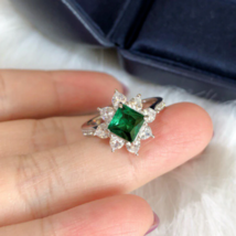 1.50Ct Princess Cut CZ Green Emerald Halo Engagement Ring 14K White Gold Finish - £125.86 GBP