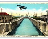Biplane Over Soo Locks Sault Ste Marie Michigan MI WB Postcard V20 - £2.30 GBP