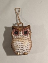 Handmade Paper Mache Owl Tan Brown White Ornament Book Text Hanger With String - £4.15 GBP