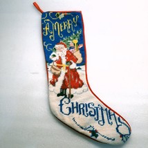 Needlepoint Merry Christmas Santa Stocking embroidery blue Handmade cott... - £14.20 GBP