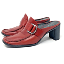 90s Franco Sarto Buckle Slides Size 6.5  Square Moc Toe Stacked Heel Red Leather - £19.90 GBP