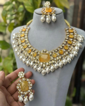 Indian Gold Plated Bollywood Style Kundan Sapphire Choker Necklace Jewelry Set - £296.09 GBP