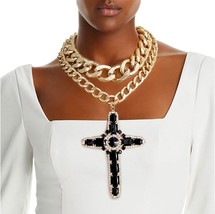 Jumbo Black Crystal Cross Chunky Gold Plated Double Layer Chain Necklace Set - £58.54 GBP