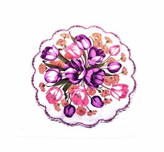 Round Hankie Pink Lavender Tulips Handkerchief Yellow Blooms Green Leaves White  - £10.15 GBP
