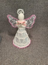 White Crochet Angel Ornament Ivory &amp; Pink Crocheted Christmas Angel Ornament - £5.31 GBP