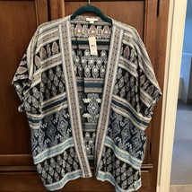 NWT Loft Mixed Mosaic Kimono Cardigan Women&#39;s Size XS/S Blue Jacquard Pa... - $27.72